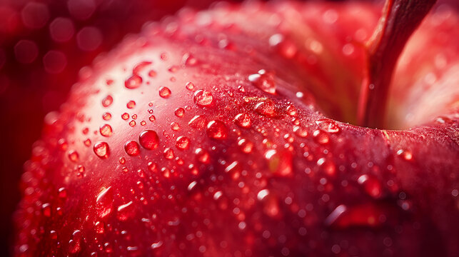 Fresh red apple macro with water droplets