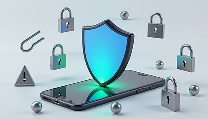 Shield and padlocks floating around a smartphone with green glow