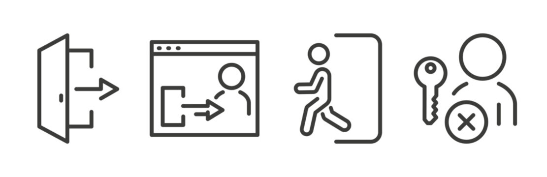 exit icon set, exit successful, user key, closed user page, vector line art, account, close door
