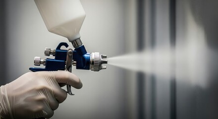 Professional paint spray gun being operated by a hand in a protective glove, spraying white finish.