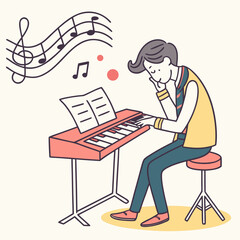 Man playing a digital piano with musical notes