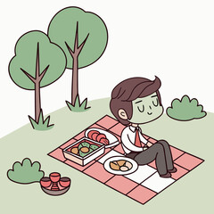 Man relaxing on picnic blanket with food