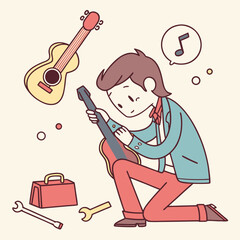 Man repairing a guitar with tools