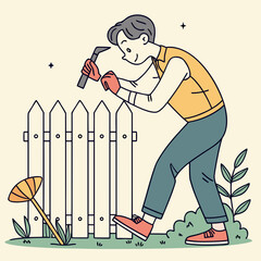 Man repairing a white picket fence with a tool