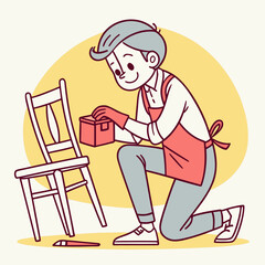 Man restoring old chair with paint box