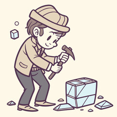 Man sculpting ice block with hammer and chisel