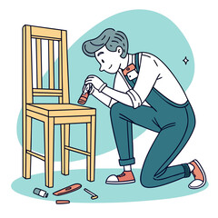 Man repairing a wooden chair with tools