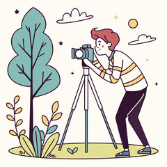 Man taking photos with camera on tripod in nature