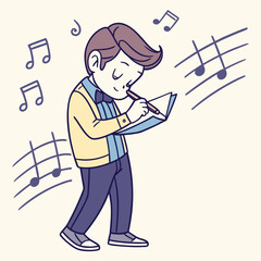 Man Writing Music Notes with Pencil