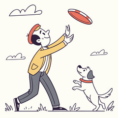 Person and dog play frisbee outdoors