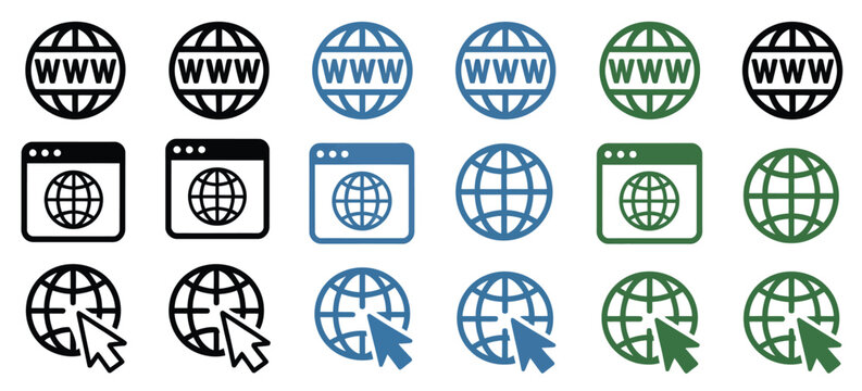 Website browser window and WWW globe icons, vector collection representing internet, global network, web pages