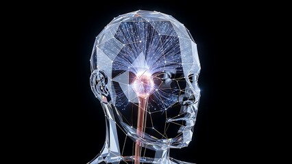 Silhouette of human head with glowing neural network patterns visible inside, digital brain representation, blue and purple neon lights, dark background, symbolic AI visualization