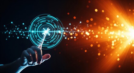 Hand touching a futuristic digital interface with a wrench and screwdriver icon for service and support.
