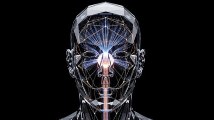 Silhouette of human head with glowing neural network patterns visible inside, digital brain representation, blue and purple neon lights, dark background, symbolic AI visualization