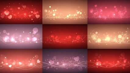 Collection of nine vibrant abstract backgrounds featuring glowing bokeh lights hearts and elegant swirling lines perfect for romance and celebration themes