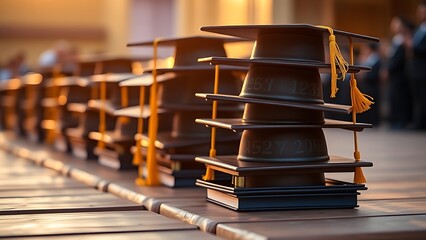 achievers. Graduation caps neatly stacked on wood, bathed in warm golden light, evoking academic achievement. pitch deck slides.