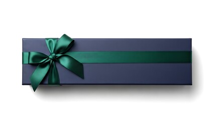 Elegant navy blue rectangular gift box tied with a luxurious deep emerald green satin ribbon and bow presented against a clean white background for celebrations
