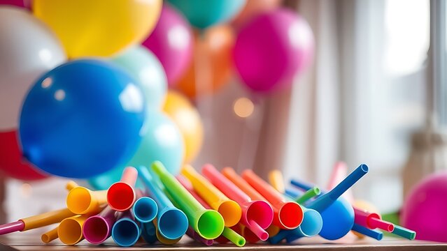 libertarian. Colorful party blowers and balloons on a table, festive celebration with soft lighting. lifestyle magazines.