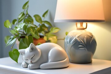 Ceramic kitten figurine sleeping peacefully on a white surface, creating a cozy atmosphere with a blurred houseplant and lamp