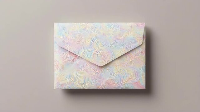 Pastel, textured envelope with spiraling patterns sits on a neutral background
