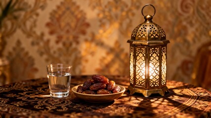 Iftar setting with bowl of dates water and glowing lantern creating warm inviting Ramadan celebration atmosphere