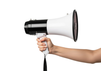slim caucasian woman's hand (mid-20s), pale pink manicure, firmly gripping a modern matte white and black megaphone in an isolated studio, high contrast detail shot concept for commercial