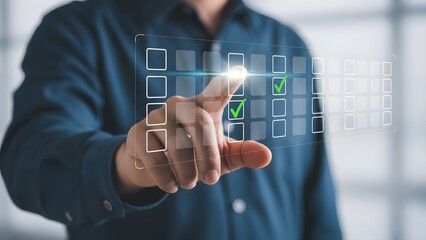 man in blue shirt interacting with virtual checkboxes on screen interface technology