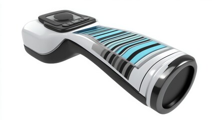A futuristic white, black, and blue handheld device with a striking striped pattern and multiple control buttons is presented on a clean background.