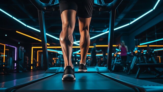 Close-up of a persons legs running on a treadmill in a modern gym with neon lights.