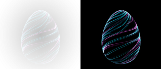 Glowing neon Easter egg reflected on a PNG background. Futuristic holiday decoration.