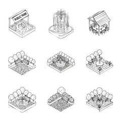 Vector Collection of Isometric Illustrations of Public Park Spaces with Fountains and Seating Areas.