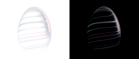 Glowing neon Easter egg reflected on a PNG background. Futuristic holiday decoration.