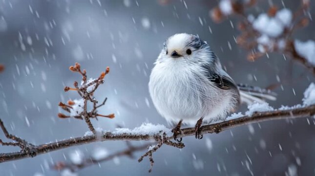 Fluffy Long-Tailed Tit Bird Perched on Snowy Branch Winter Snow