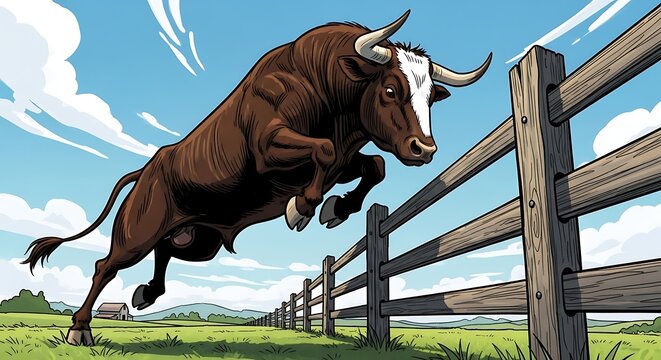 Powerful Bull Leaping Over Fence in Sunny Field.