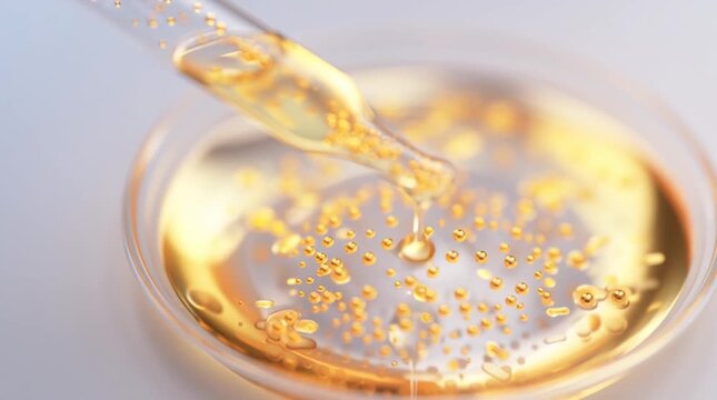Close up of clear serum with gold shimmer being dropped from a pipette into a petri dish, showcasing luxurious beauty product for skincare enthusiasts