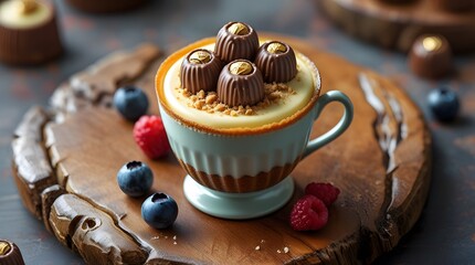 a decadent Ferrero Rocher cheesecake served in a delicate cup, isolated on a worn, natural wooden board, captured from a direct top view, showcasing the cafe-style cheesecake