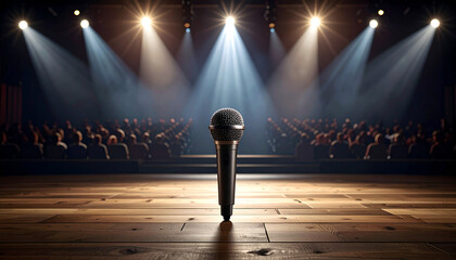 Microphone On Stage With Spotlight In Front Of An Audience During A Live Performance.