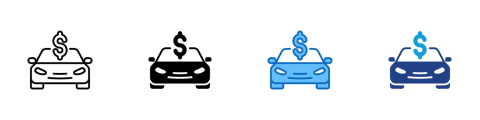 Car Value Multiple Style Icon Design Vector - vehicle with a currency symbol above, representing pricing, valuation, and financial worth