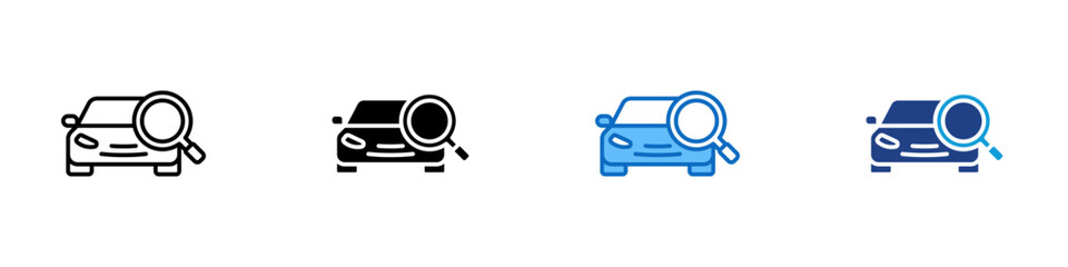 Car Search and Inspect Multiple Style Icon Design Vector - vehicle with a magnifying glass, representing inspection, search, and condition checking