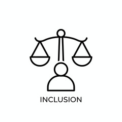 A simple line icon representing inclusion with balanced scales and a person below