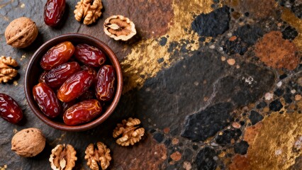 Overhead photograph of glossy brown dates and walnuts in ceramic bowl highlighting organic contrast and earthy tones