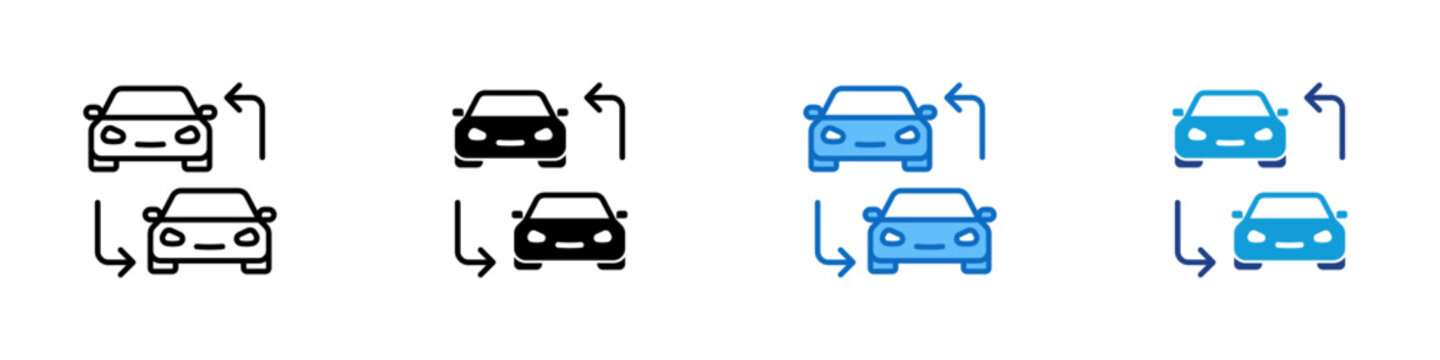 Vehicle Exchange Comparison Multiple Style Icon Design Vector - two vehicles with directional arrows, representing comparison, selection, and decision making