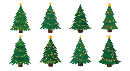 Obraz premium Collection of eight uniquely decorated Christmas trees with various ornaments lights and stars on top for holiday season festive celebrations.
