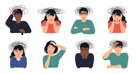 Array of people from different backgrounds appear to be suffering from stress headaches or anxiety with scribbled lines above their heads.