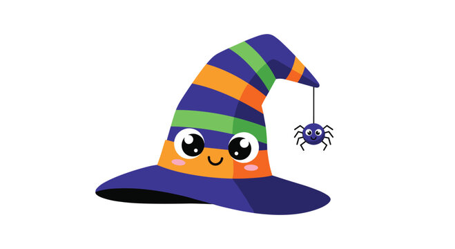 Adorable cartoon witch hat in purple and orange stripes features a friendly face and a small spider hanging from its point for Halloween.