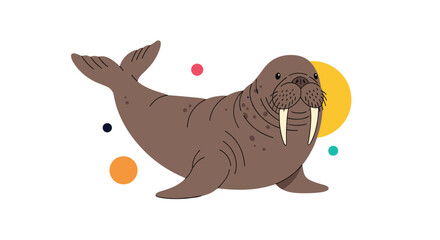 Fototapeta premium A charming cartoon illustration of a walrus with large tusks, surrounded by colorful abstract circles, on a white background.