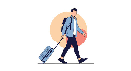 Young man walking while carrying a backpack and pulling a suitcase prepared for travel, vacation, or a business trip.