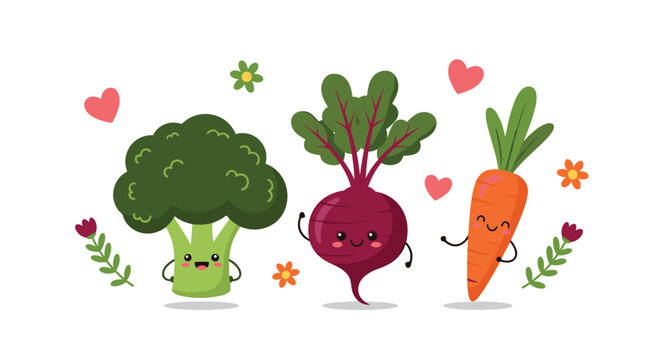 Set of adorable cartoon vegetable characters including broccoli, beet, and carrot with smiling faces and hearts on a white background.