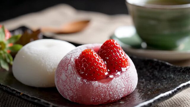 A Delicious Strawberry Mochi Dessert with Green Tea