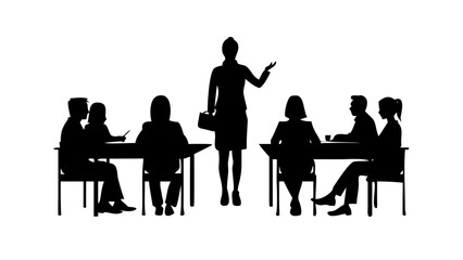Classroom Seminar Silhouette with Teacher Presenting to Students in Workshop Isolated